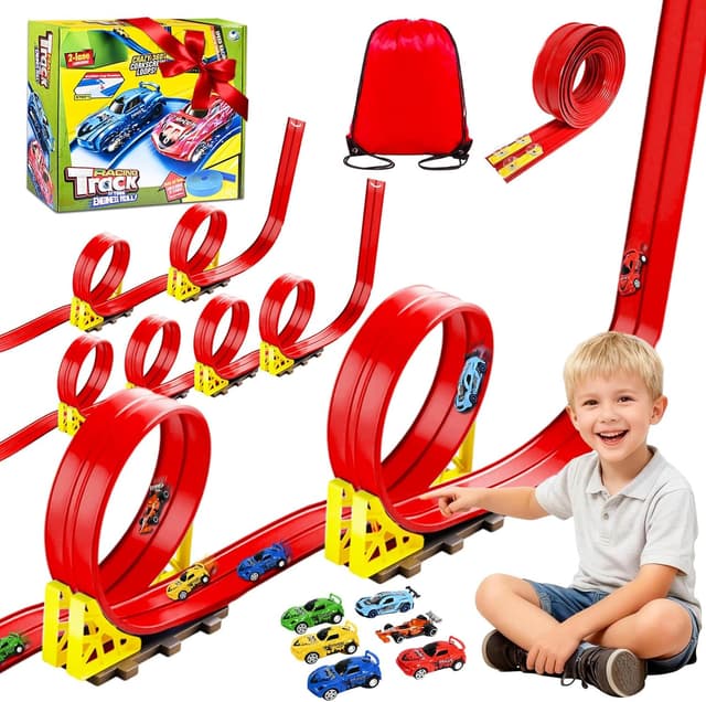 Detalle de Rennbahn Kinder 5M – flexible Autorennbahn mit 6 Autos, Doppelspur und Aufbewahrungstasche (ab 3+)
