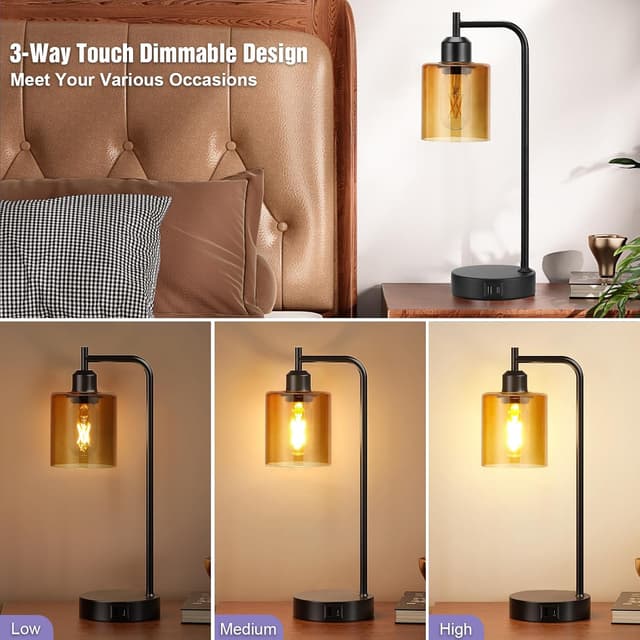 Detalle de Aooshine industrial table lamps with amber glass shade (2-pack, touch dimmable, USB ports, bulbs included)