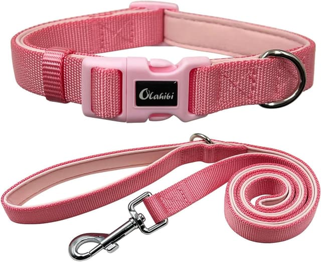 Detalle de Olahibi Dog Collar Leash Set (Small, Light Pink) – Durable nylon webbing with soft neoprene padding