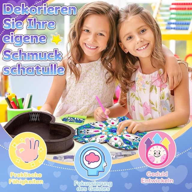 Detalle de Flnlano „Geschenke für Mädchen 6–10 Jahre“: Diamond-Painting Bastelset für Schmuckkästchen mit Spiegel