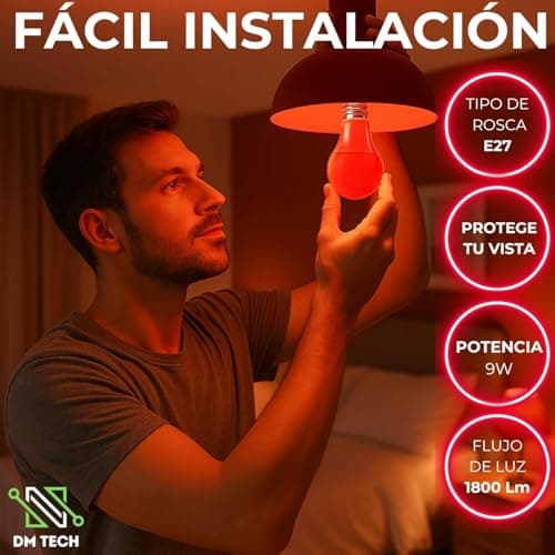 Thumbnail 3 de DM TECH Luz Roja Nocturna Melatonina E27 para dormir bebe y adultos bombilla terapia roja 0% luz azul + rosca estandar + mejora del ritmo de descanso