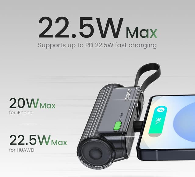 Detalle de SHARGE Flow Mini 2 5000mAh Power Bank (22.5W) with Dual Plugs and Built-in Cable