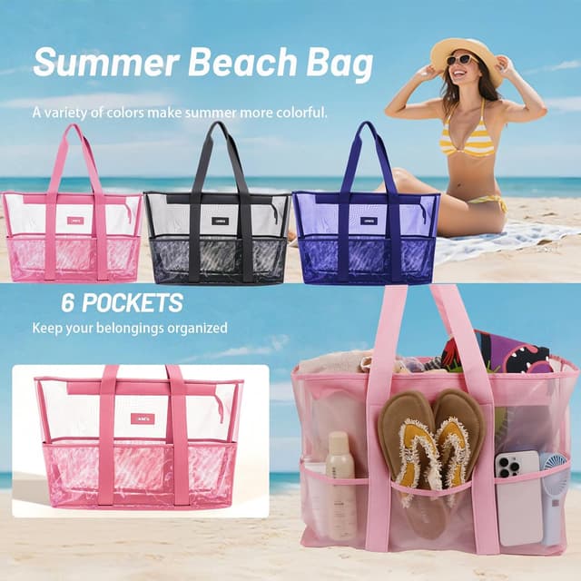 Detalle de Aitann Women’s Large Clear Beach Tote Bag with Zip (Waterproof Mesh) – Pink, 63x34x20cm