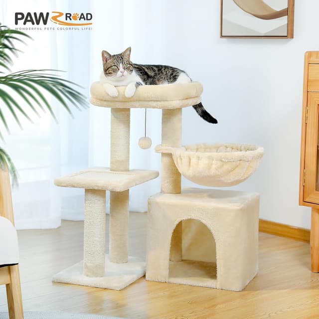 Detalle de PAWZ Road Small Cat Tree (73cm) with Big Hammock, Removable Top Perch & Scratching Posts – Beige