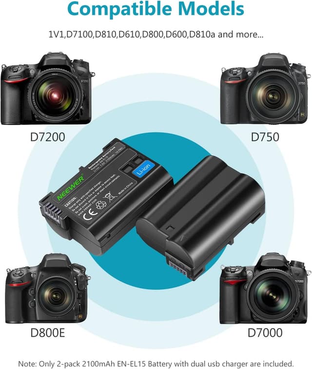 Detalle de Neewer Replacement Battery and Charger Set for EN-EL15 (2-Pack, Micro USB, 2100mAh) for Nikon Z5/Z6/Z7 & D Series