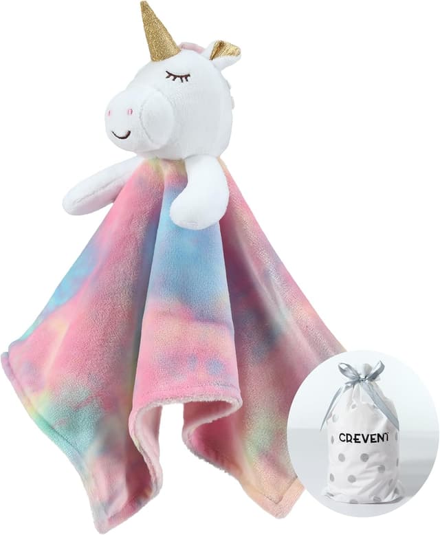 Detalle de CREVENT Baby-Schmusetuch (34 x 34 cm) – Plüsch-Schnuffeltuch für Neugeborene ab 0 Monaten, Rosa Einhorn