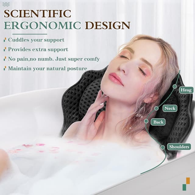 Detalle de RUVINCE ergonomic luxury bath pillow with 6 suction cups for head, neck, shoulders and back (black)