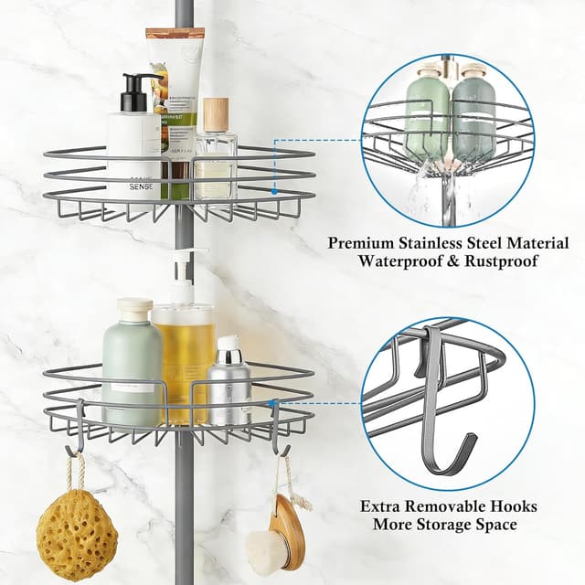 Detalle de KAIMEIYU étagère de douche télescopique sans perçage avec 4 paniers gris (85 à 325 cm)