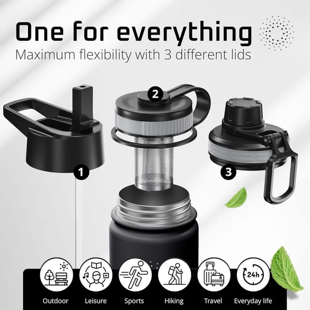 Detalle 2 de ACTIVE FLASK stainless steel water bottle with straw and 3 leak-proof lids