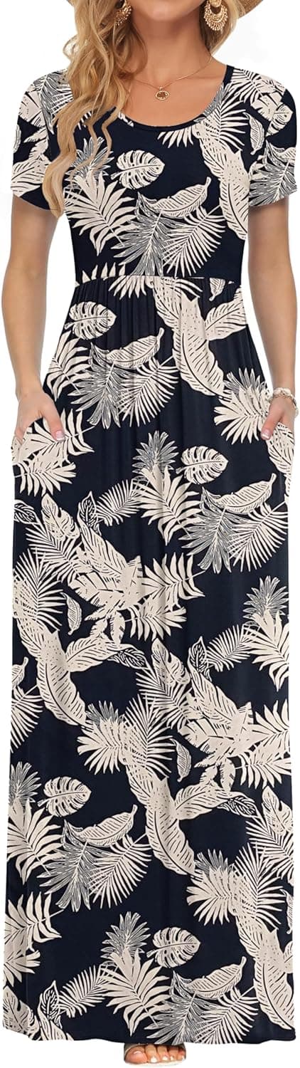 Detalle de AUSELILY Damen Sommerkleid Kurzarm Long Maxi mit Taschen – casual bis Arbeit