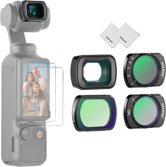 Detalle de Neewer ND Filter Set for DJI Osmo Pocket 3 Creator Combo: Variable ND2-32, CPL, Black Mist 1/4 + Wide Angle Lens