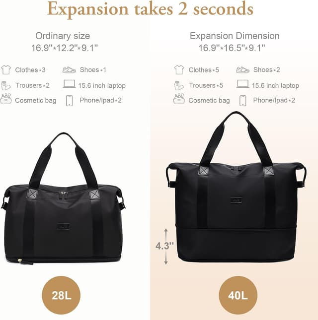 Detalle de VNINE borsoni da viaggio da donna espandibile 28 L fino a 40 L, weekender e borsa a mano “airplane friendly”