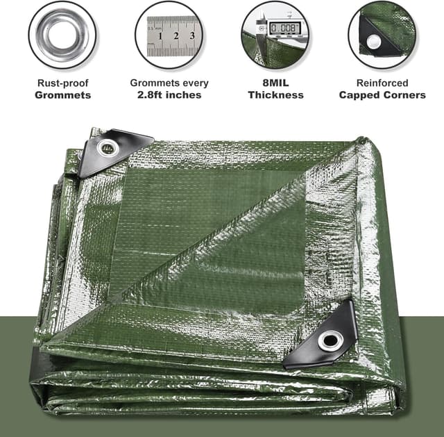 Detalle de Waterproof Tarps 10x12 Feet (2-Pack) Heavy-Duty 8 Mil Green Tarp with Metal Grommets