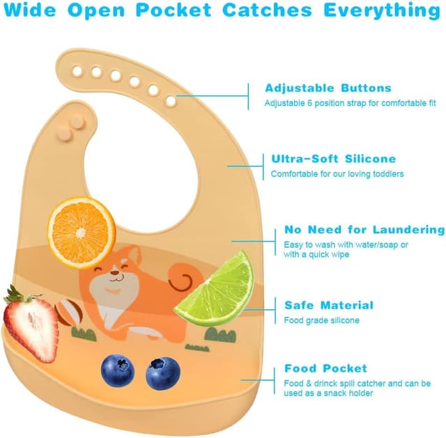 Detalle de Vicloon Bavaglini in silicone regolabili (2 pezzi) senza BPA, con tasca raccogli-briciole e 6 misure