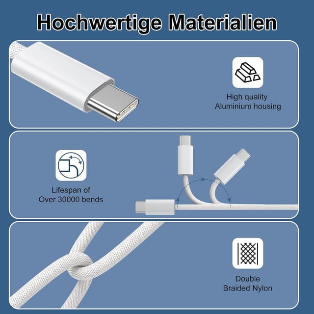 Detalle 2 de Cavo USB-C corto 0,3 m + 0,3 m 60W con Power Delivery 3.0 e Quick Charge per iPhone 15/16/17, Galaxy S24 e iPad Pro (bianco)