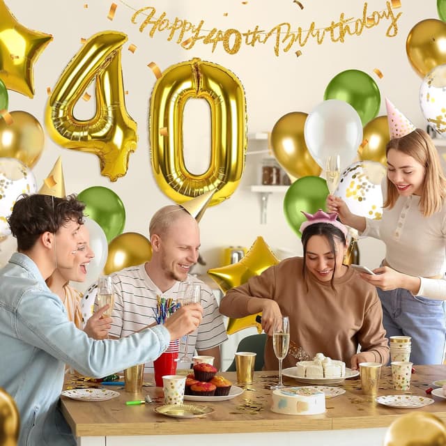Detalle 2 de Kit déco ballons anniversaire 40 ans MIEWAA : bannière Happy Birthday + ballon chiffre 40 + étoiles foil et ballons latex