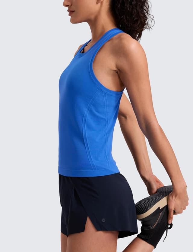 Detalle de CRZ YOGA débardeur sans couture pour femme à col haut et dos nageur, pensé pour la course et l’entraînement