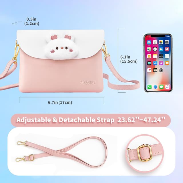 Detalle de Small Crossbody Bag for Teens & Girls (PU Leather) – Adjustable Strap, Snap Closure & Cute Charms
