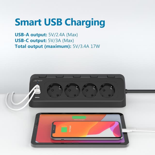 Detalle de JSVER Desktop-Steckdosenleiste mit USB‑C-Ecksteckdose, 4-fach (2× Type‑C, 2× USB‑A) und Einzelschaltern