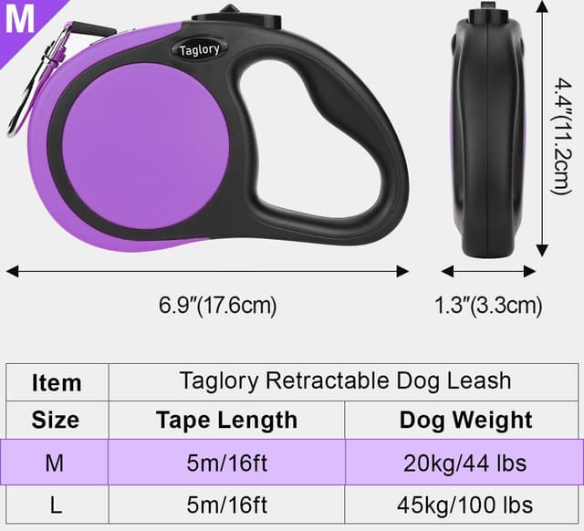 Detalle 2 de Taglory Retractable Dog Lead 5 m (Purple) – 360° No-Tangle Extendable Leash for Small & Medium Dogs up to 20 kg