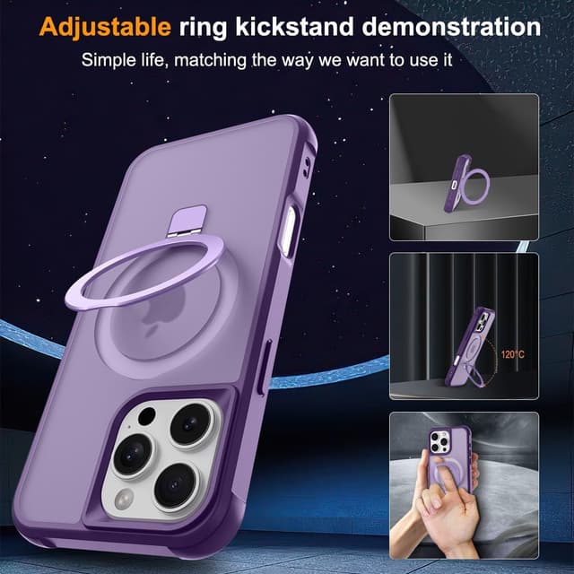 Detalle de CHAOFEnG Magnetic iPhone 16 Pro Case with Metal Ring Stand (Purple) — Military-Grade Drop-Tested, Magnet Compatible