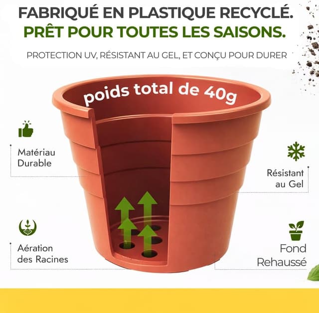 Detalle de Happy Pots lot de 5 pots en plastique recyclé (terre cuite) avec drainage – 12,5 cm