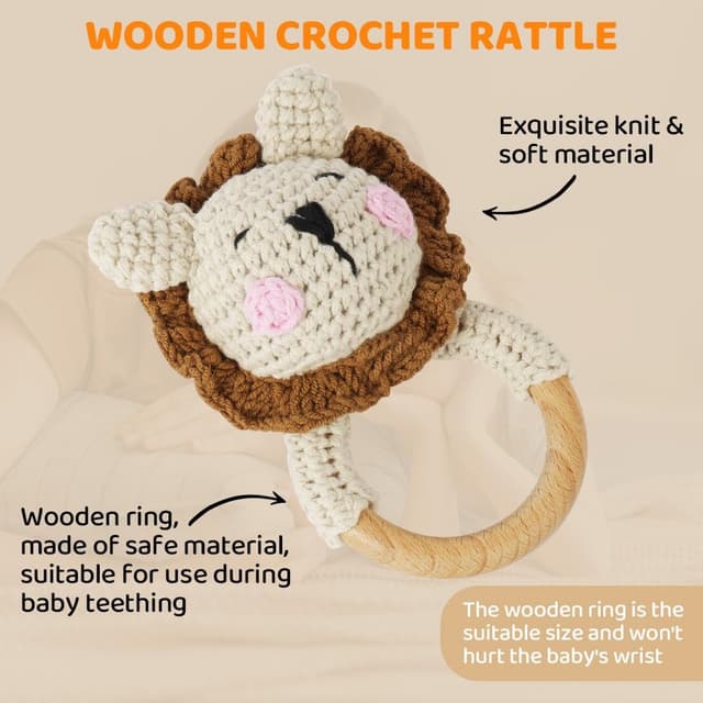 Detalle de Vicloon Hochet bébé en bois d’animal au crochet avec anneau en bois (Lion)