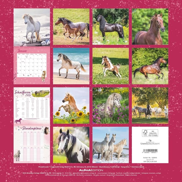 Detalle de Alpha Edition Pferdefreunde Kalender 2026 (Broschürenkalender, 30×30 cm) mit Stundenplänen, Ferientabelle & Extra-Spiel