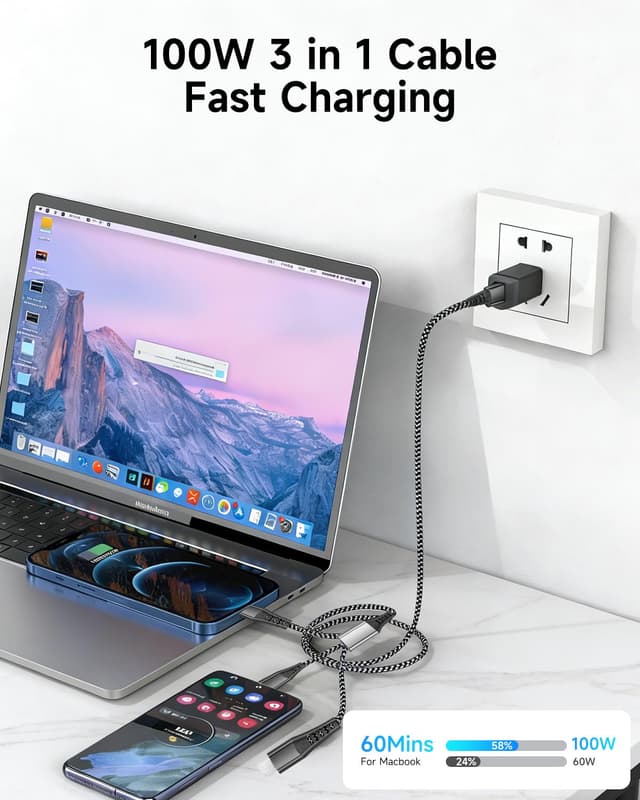 Detalle 2 de Anssan Câble Multi USB‑C 3 en 1 Charge rapide (100 W) Nylon – 1,2 m