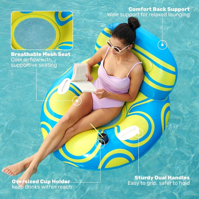 Detalle de Sloosh Inflatable Pool Chair Lounger (42" x 24") – Blue/Green pool lilo with backrest and cup holder