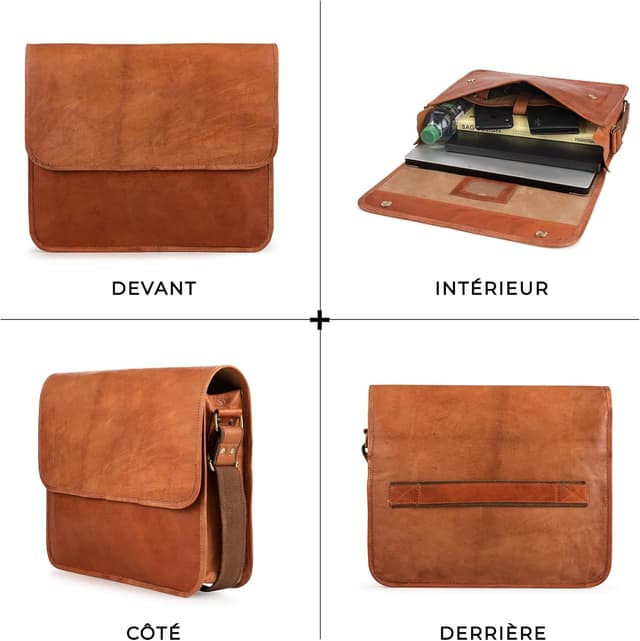 Detalle 2 de Berliner Bags Ghent sac messenger en cuir véritable avec bandoulière réglable et compartiment ordinateur 15 pouces – Marron