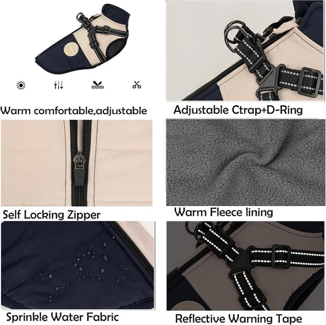 Detalle de BT Bear Dog Winter Coat With Harness (Navy Blue, XXL) – Waterproof outdoor jacket for small to medium dogs