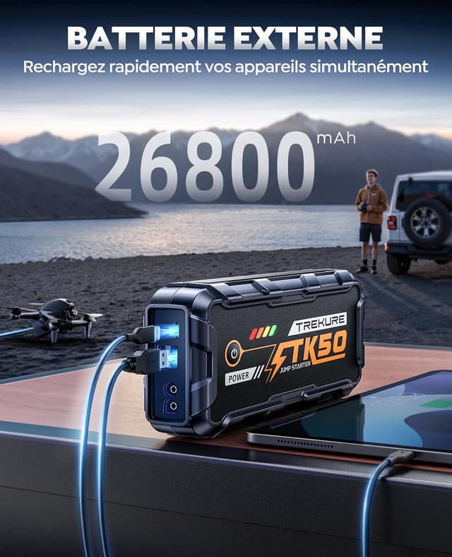 Detalle de TREKURE TK50 Booster Batterie Voiture 8000A 26800 mAh (12V) — Démarreur portable avec LED 800 lumens et charge USB 18W