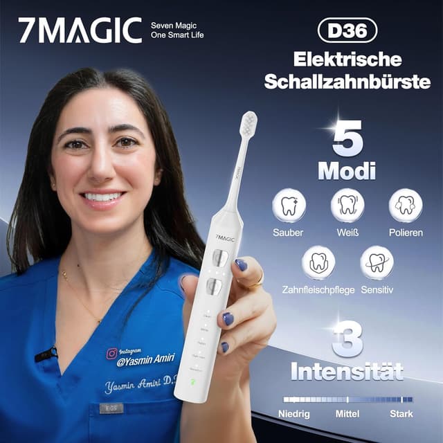 Detalle 2 de 7MAGIC Elektrische Zahnbürste & Schallzahnbürste mit 3 Intensitäten, 5 Modi, 40.000 VPM, IPX7 und 180 Tagen Akku