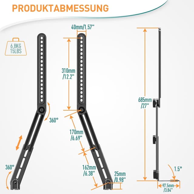 Thumbnail 6 de ELIVED Soundbar-Halterung EV5010 bis 6,8 kg – werkzeuglos verstellbar, universal für TV-Wandmontage