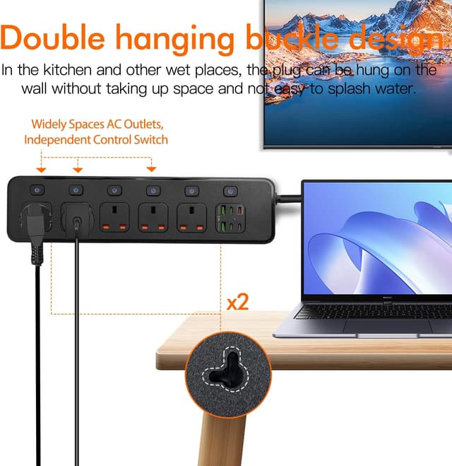 Detalle de BOCHLION 6 USB Ports 5-Way Extension Lead with PD30W Socket