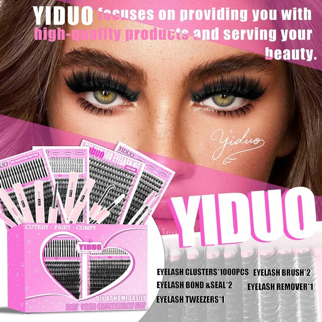 Detalle de YIDUO 4 Styles Lash Clusters Kit (40D/60D/80D/100D) with Spikes & Bottom Clusters, 2X Bond & Seal