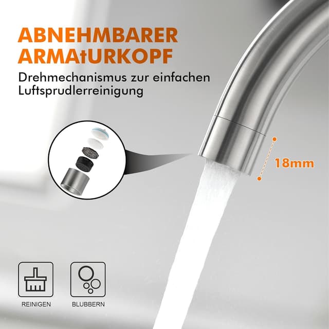 Thumbnail 6 de GRIFEMA Küchenarmatur mit Einhebelmischung, hoher Bogen (271 mm) und 360° Drehung – Edelstahl, grau