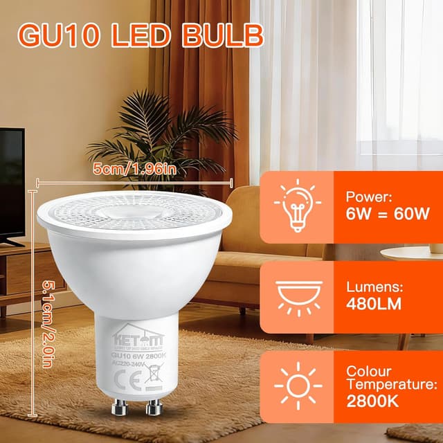 Detalle de Ketom Lampadine LED GU10 2800K da 6W (6 pezzi) luce calda 480 lm, 120°