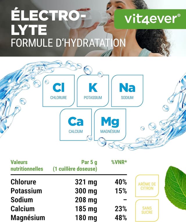 Detalle de Electrolytes 200 g (40 portions) – Hydratation sans sucre au citron, chlorure/potassium/sodium/calcium/magnésium