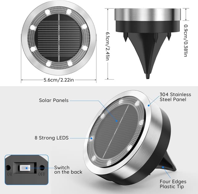 Detalle de Dankeled 12er-Set Solar-Bodenleuchten außen (8 warmweiße LEDs) – IP65, Edelstahl/Kunststoff