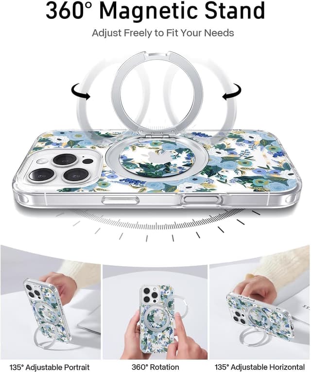 Detalle de FEWGEY iPhone 16 Pro Max Case with MagSafe Ring & 360° Kickstand (Clear Floral, Shock-Protection)