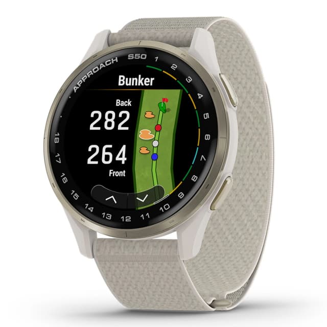 Detalle de Garmin Approach S50: smartwatch de golf con GPS y pantalla AMOLED (reacondicionado “a estrenar”)