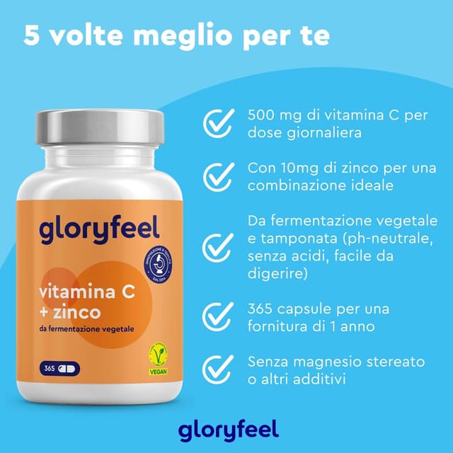 Detalle de Vitamina C 500 mg + Zinco 10 mg 365 capsule vegan (scorta 1 anno) con ascorbato di calcio