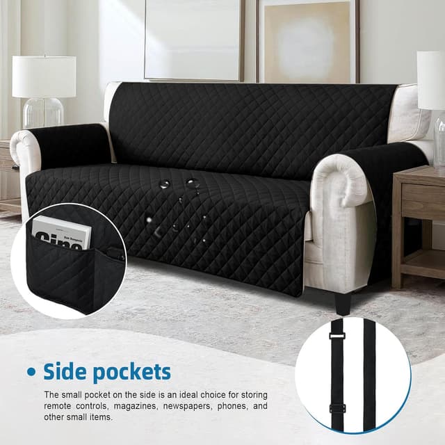 Thumbnail 2 de Jaotto Copridivano impermeabile trapuntato 3 posti con braccioli e tasche laterali, nero