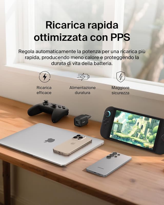 Detalle 2 de Belkin Gaming Doppio Caricatore da Muro USB-C da 65W con GaN per Nintendo Switch 2 e dispositivi USB-C PD (nero)