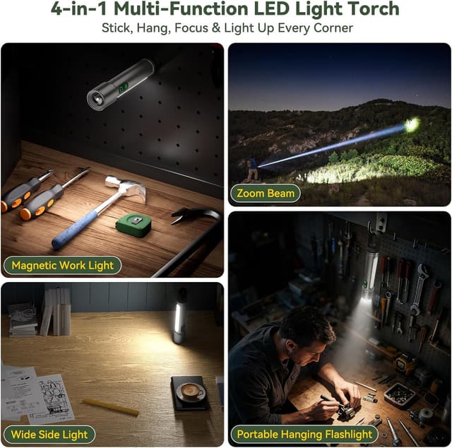 Detalle de ET Rechargeable LED Torch 1,000,000LM with 18 Modes, COB, Magnetic Cap & Tail Hook (Grass Green)