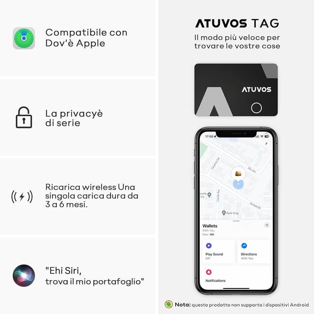 Detalle 2 de ATUVOS Air Tag Card ricaricabile da 1,6 mm: tracker Bluetooth per portafoglio compatibile con l’app Dov’è (solo iOS)