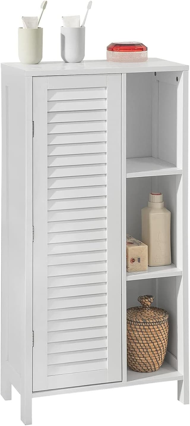 Detalle de SoBuy Meuble de salle de bain haut BZR39-W : armoire étroite blanche avec porte lamellée et 3 étagères