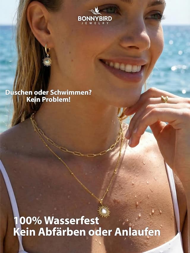 Detalle de BONNYBIRD BonnySun Wasserfeste Creolen aus Edelstahl (14 mm) in Silber, Gold & Roségold – sonnige Anhänger